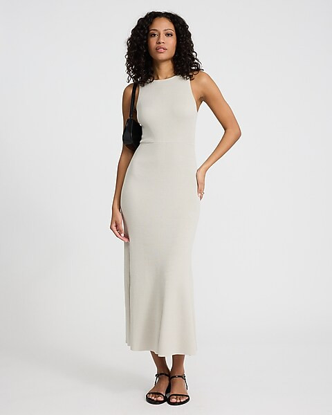 Crew Neck Sleeveless Tie Open Back Maxi Sweater Dress | Express