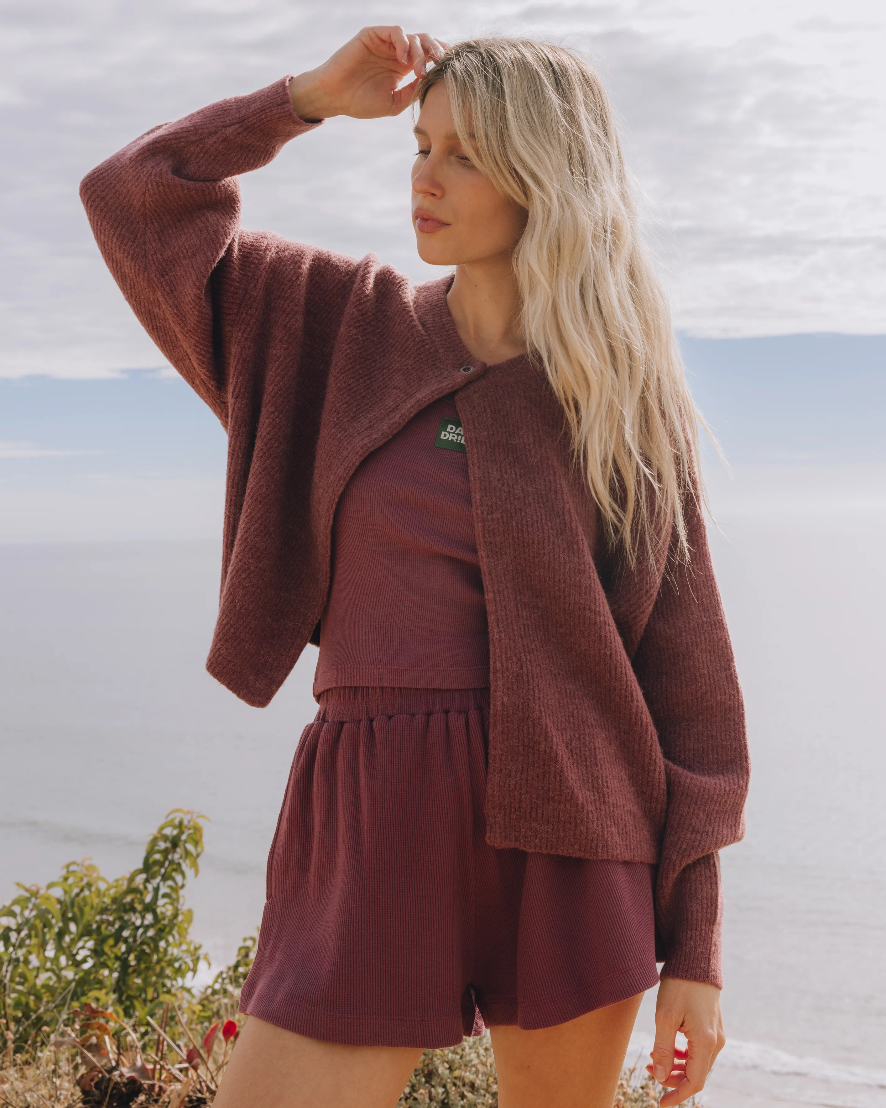 Single Button Long Sleeve Sweater - Wine | Daily Drills