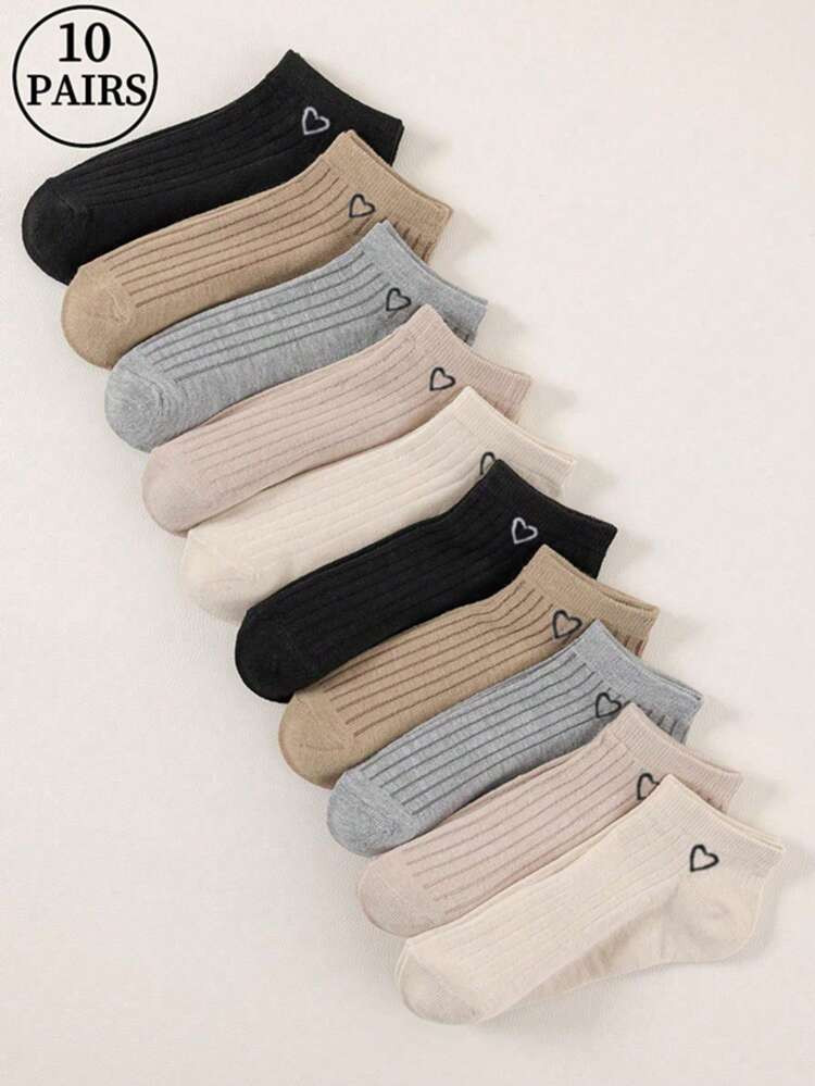 10 Pares De Calcetines Multicolor Con Diseño De Corazón, Estilo Japonés Simple Y Elegante, Cómodos Y Transpirables, Adecuados Para Ropa Deportiva | SHEIN