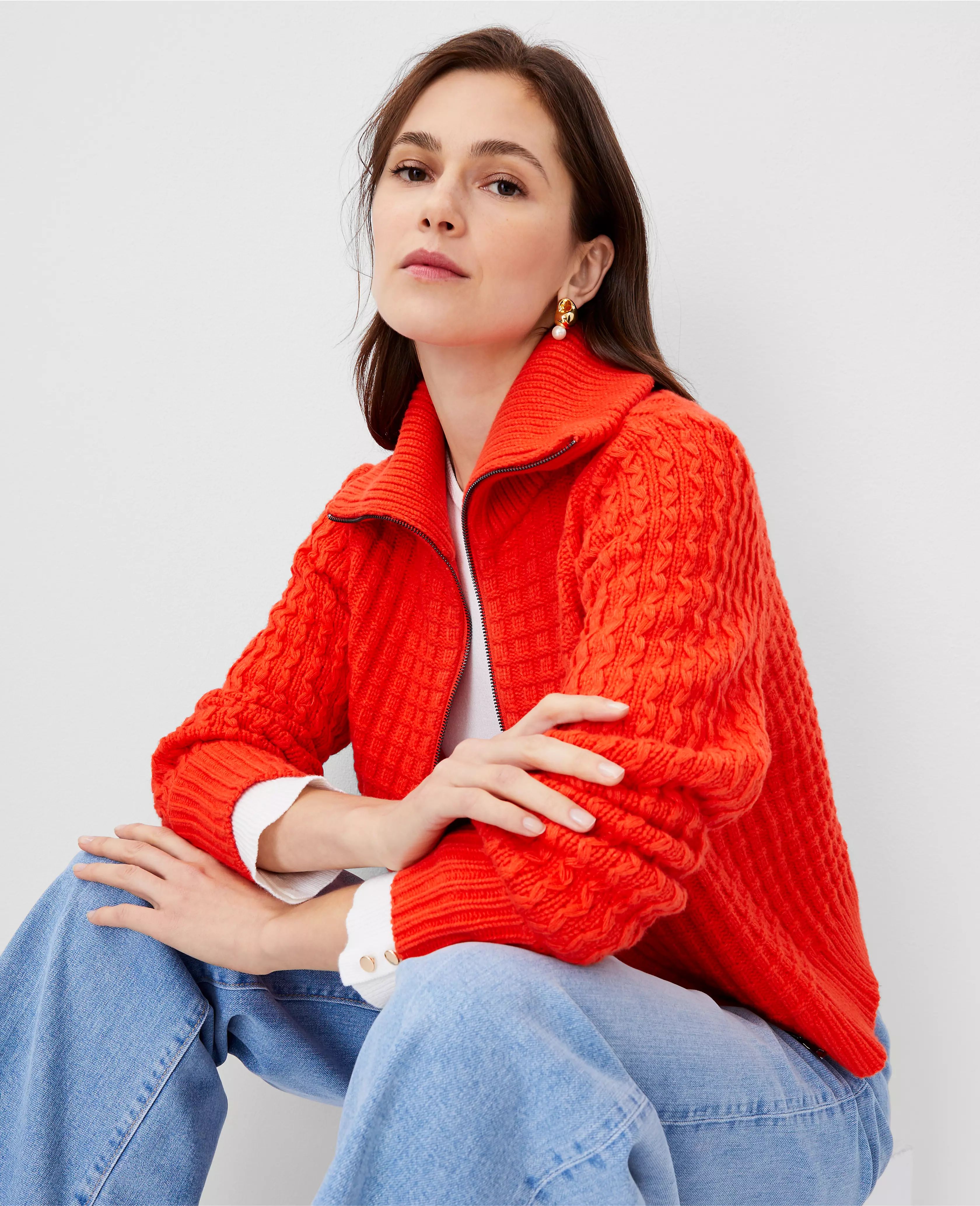 Geo Stitch Zip Sweater Jacket | Ann Taylor (US)