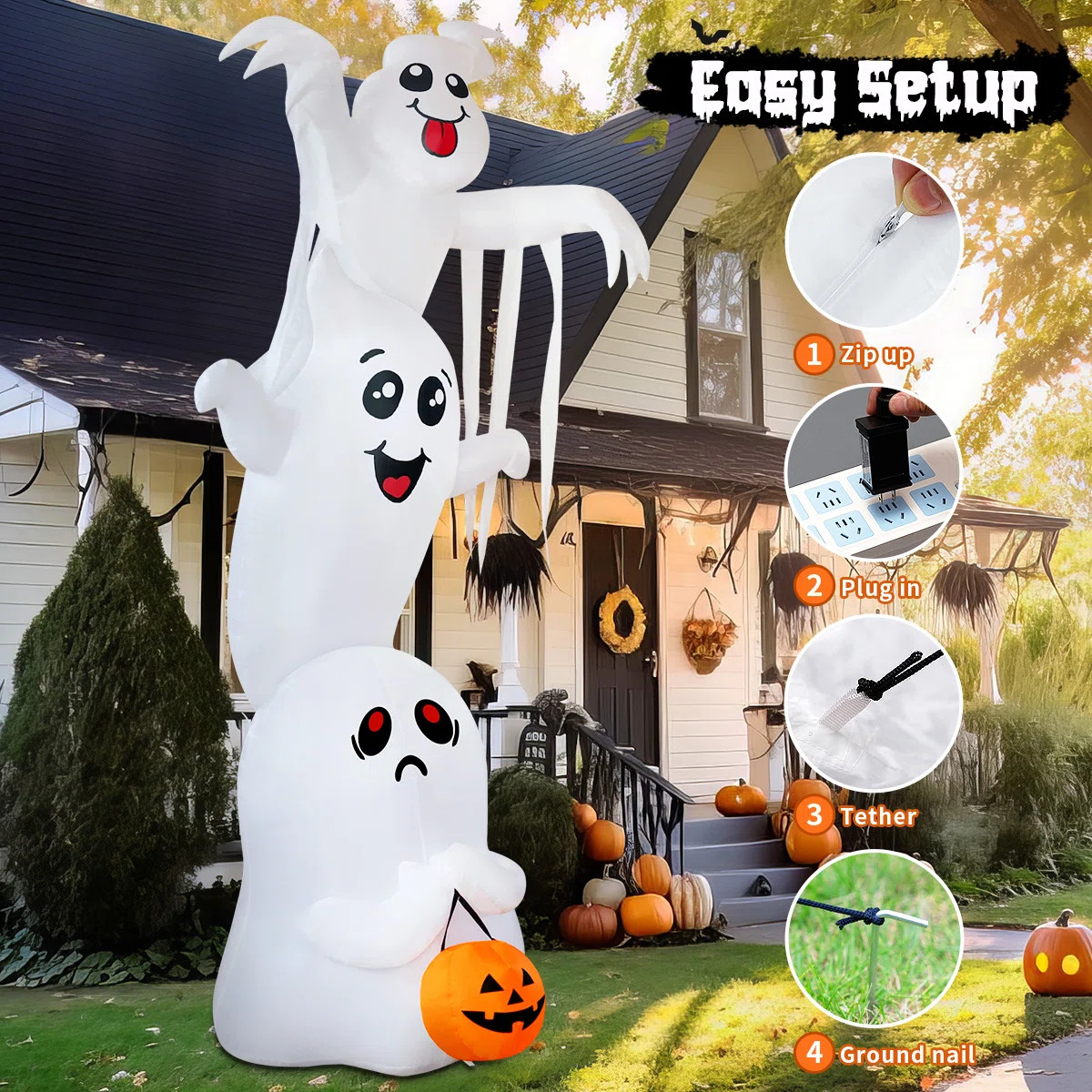 9.8 FT Halloween Inflatable Three Ghosts Stacked with Built-in LED Lights | Wayfair North America