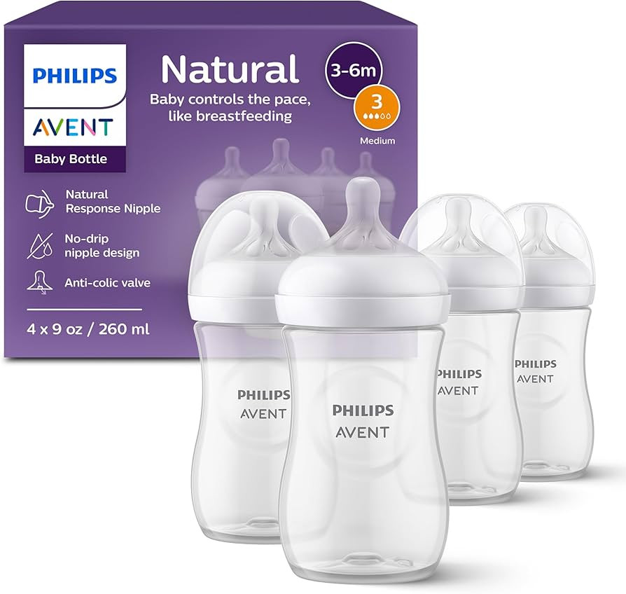 Philips Avent Natural Baby Bottles with Natural Response Nipples (Medium Flow, Flow 3), 9oz, 4-Pa... | Amazon (US)