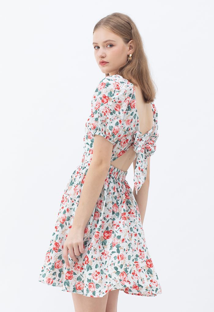 Red Rose Blossom Watercolor Tie Back Dress | Chicwish