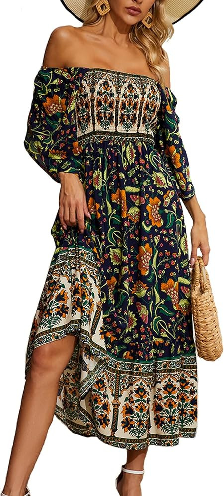 Women's Long Maxi Dress Sexy Off Shoulder Floral Dress Ruffle Short Sleeve Smocked Flowy A Line B... | Amazon (US)