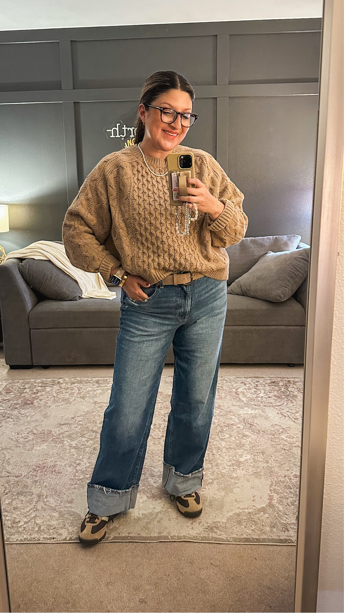 Today’s ootd. Target sweater (XL), American Eagle jeans (12), Adidas SL 72 RS shoes, Banana republic belt (L), Athleta jacket (L)  

#LTKOver40 #LTKMidsize #LTKStyleTip