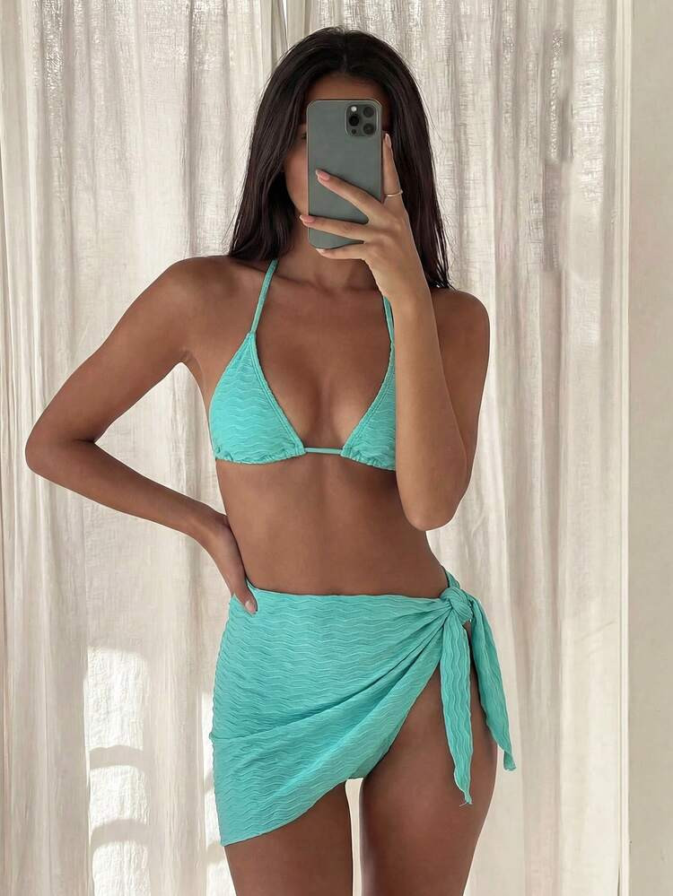 Swim Vcay Women's Textured Halter Tie Back Sexy Bikini 3-Piece Swimwear Set For Beach Vacation | SHEIN