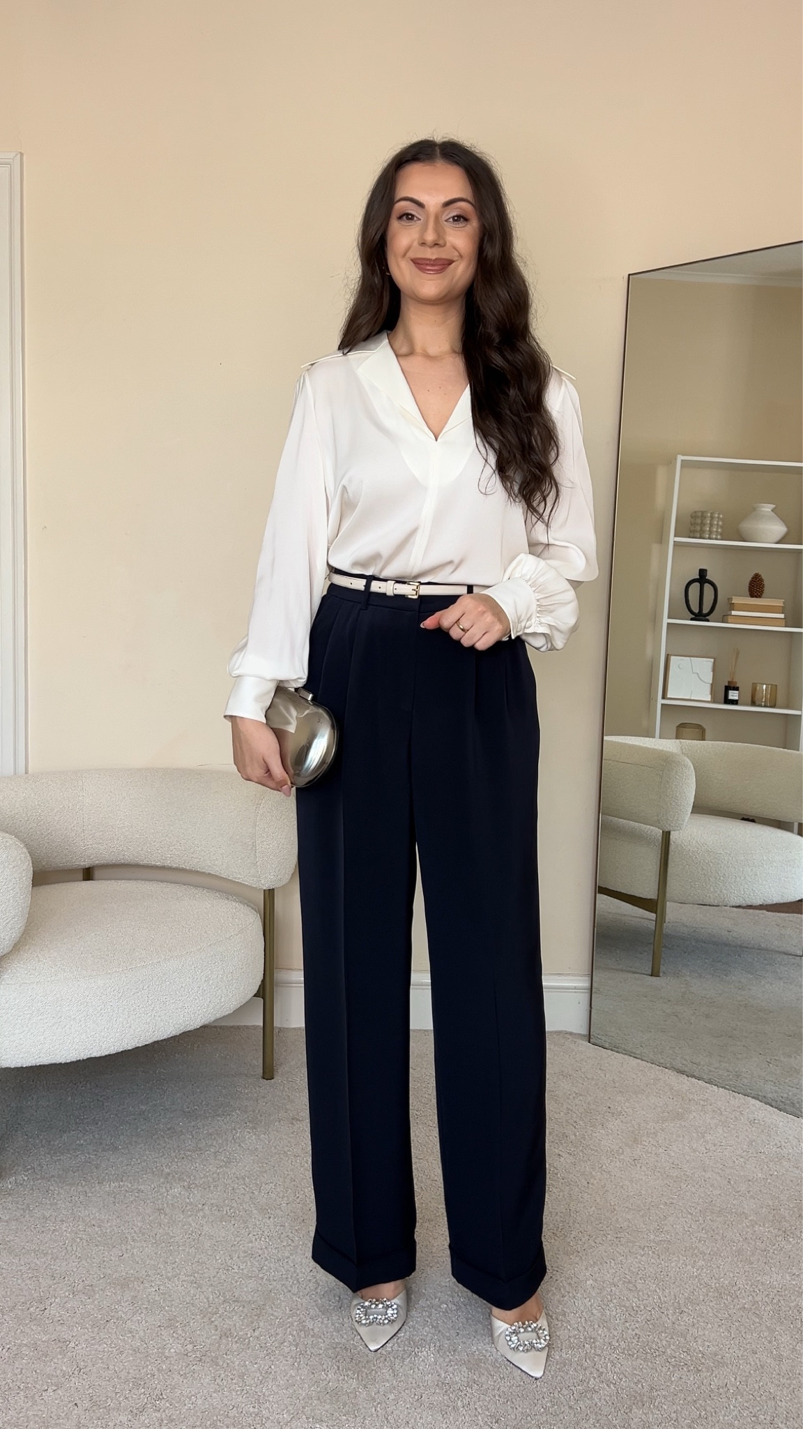 Styling navy trousers, evening/dinner date outfit. Blouse is LILY SILK wearing size S. Trousers are also LIKY SILK, wearing size UK10. For your LILYSILK purchase you can use code Larisa20 and save for 20% off site wide, and code Larisa25 for 25% off orders over £/€/$ 480. Heels are old from Next. Clutch bag is H&M.

#LTKeurope #LTKstyletip #LTKuk