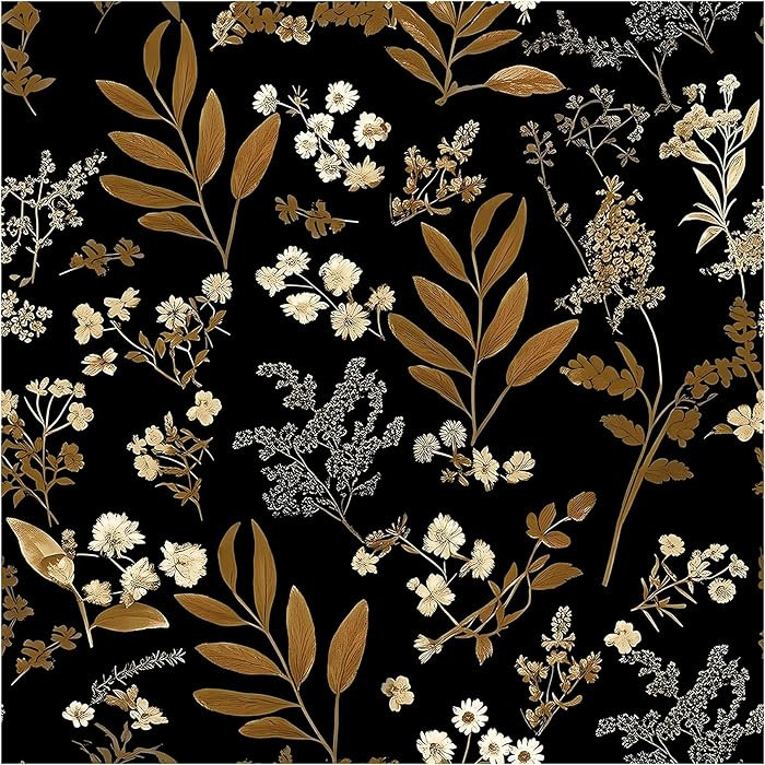 Peel and Stick Wallpaper Black Floral Wallpaper Vintage Contact Paper Gold Leaf 17.3''×197'' Sel... | Amazon (US)