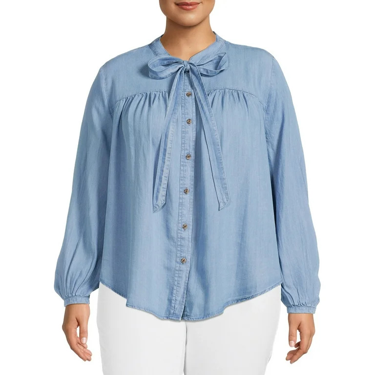 Terra & Sky Women's Plus Size Long Sleeve Tie Neck Top | Walmart (US)