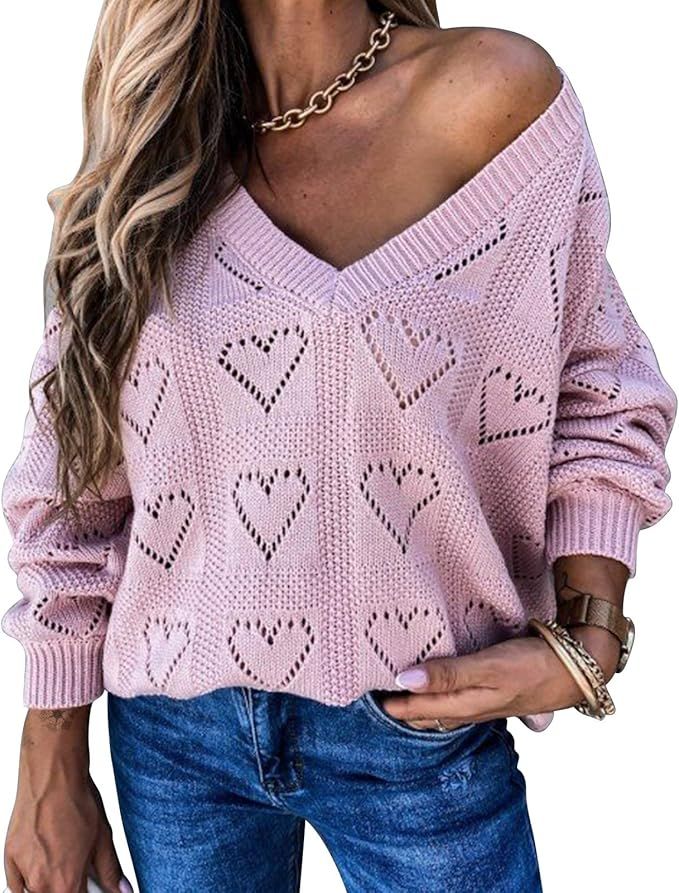 EXLURA Women's V-Neck Hollow Out Sweater Hearts Printed Knitted Pullovers Loose Oversized Solid C... | Amazon (US)