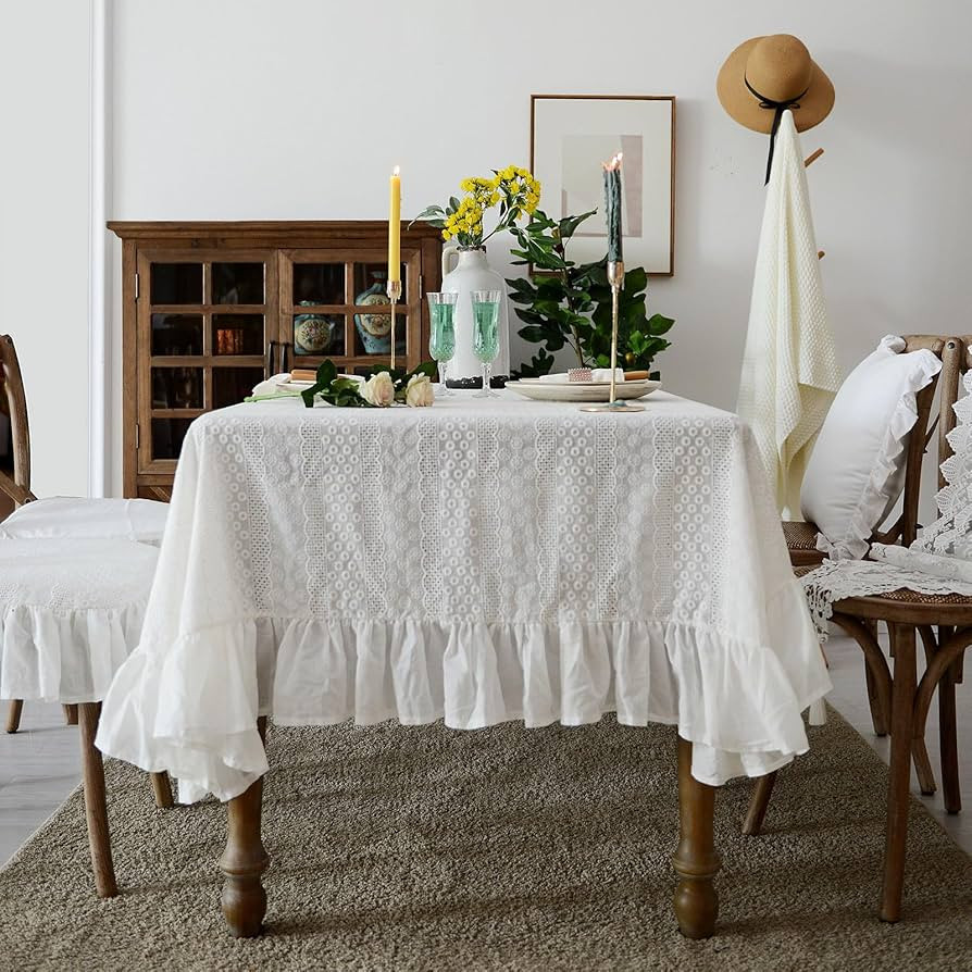 French White Cotton Tablecloth Ruffled Lace Embroidered Fabric Tablecloths Rustic Rectangular Was... | Amazon (US)