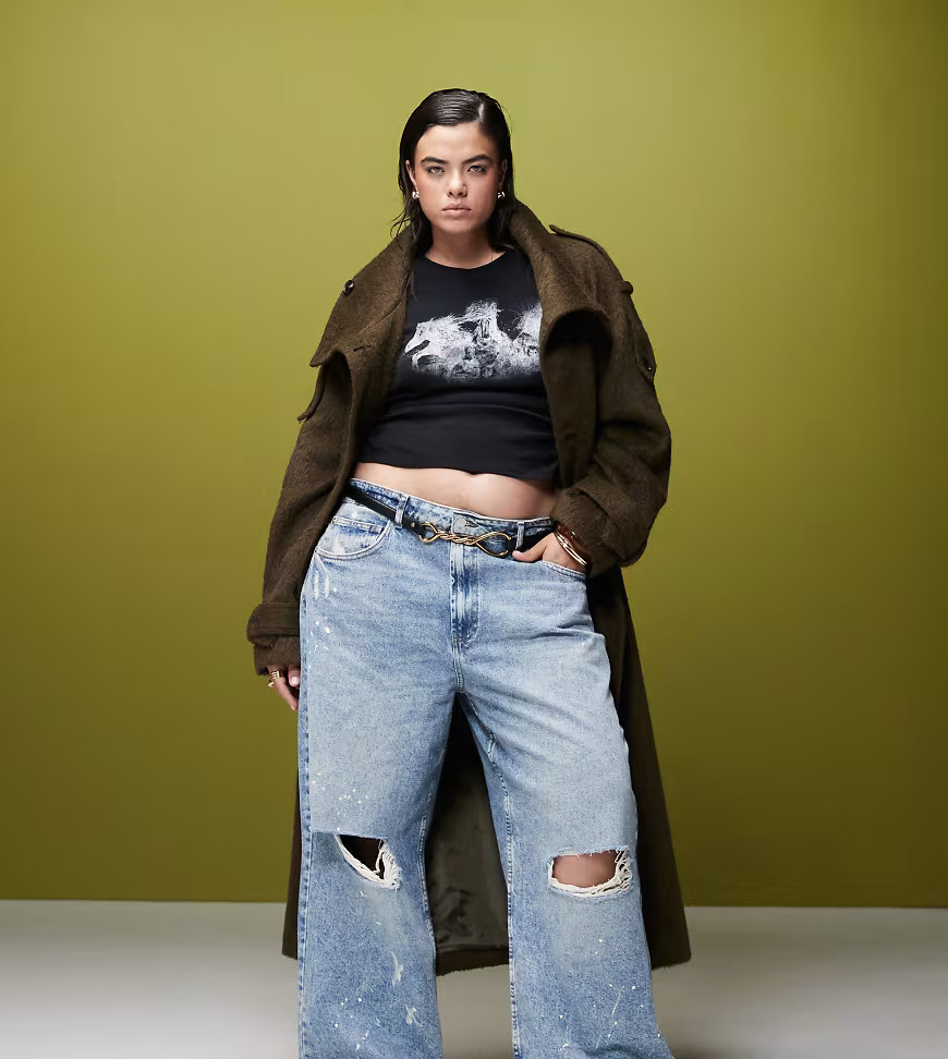 ASOS DESIGN Curve baggy jeans with rips and paint splats in mid blue | ASOS (Global)
