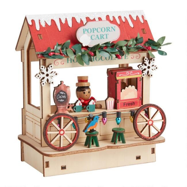 Laser Cut Wood Popcorn Stall LED Light Up Decor | World Market