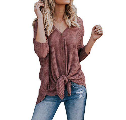 Imily Bela Womens Waffle Knit Tunic Blouse Tie Knot Henley Tops Bat Wing Plain Shirts | Amazon (US)