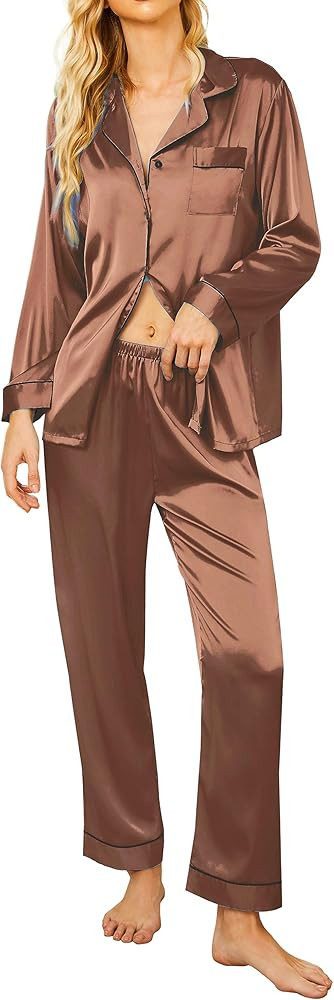 Ekouaer Silk Pajamas Women's Long Sleeve Sleepwear Satin Soft Button Down Loungewear Pjs Set S-XX... | Amazon (US)