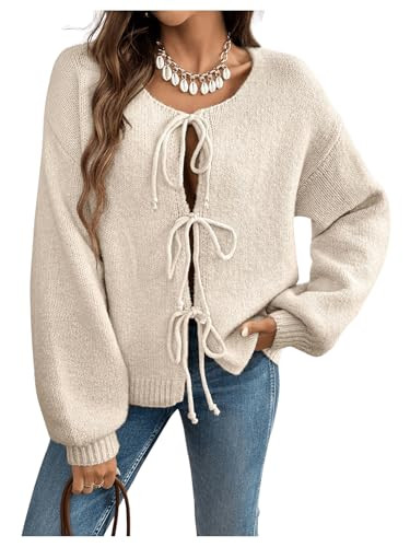 WDIRARA Women's Tie Front Crewneck Knit Cardigan Long Sleeve Drop Shoulder Sweater Apricot Medium | Amazon (US)