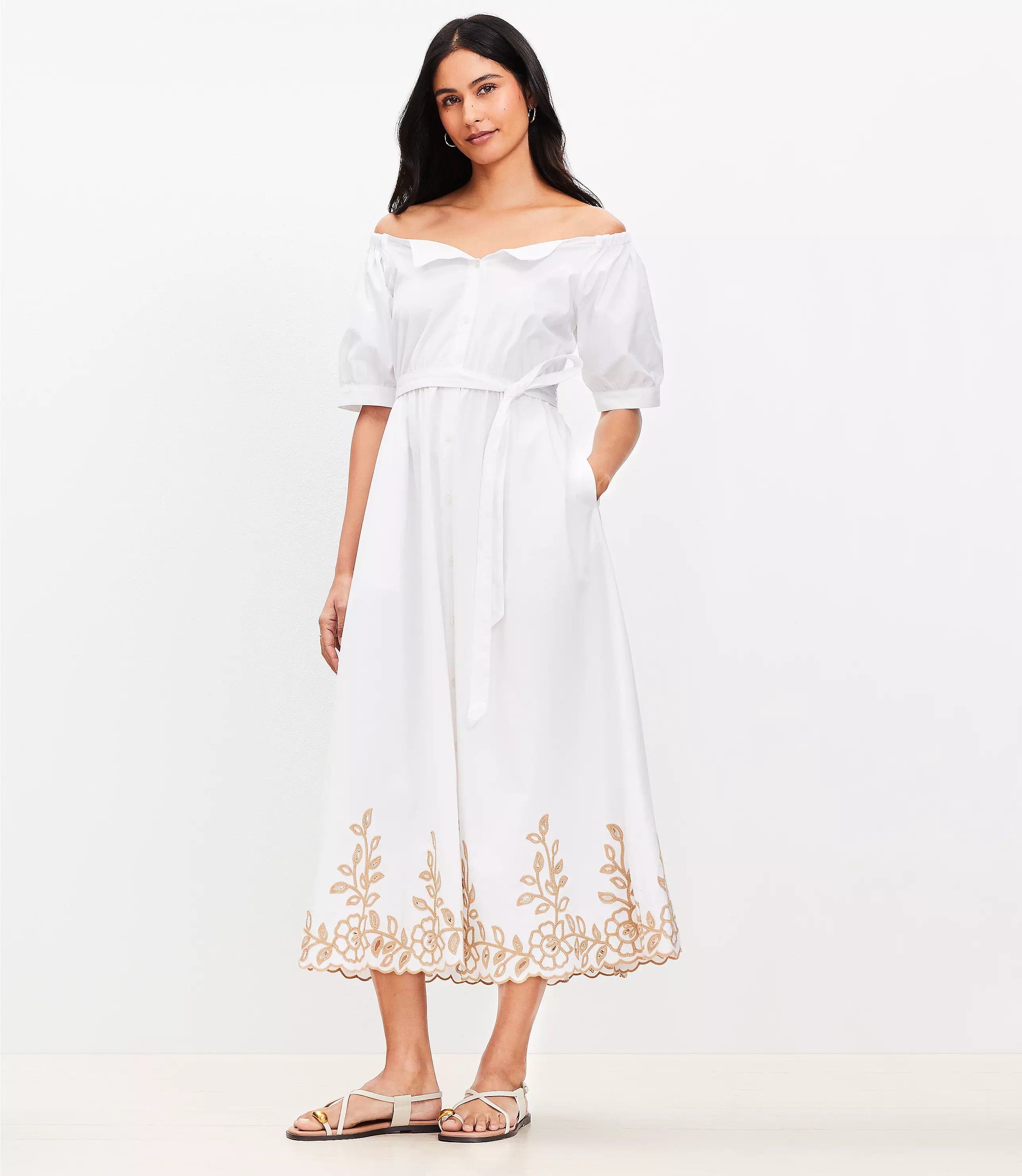 Petite Off The Shoulder Midi Pocket Shirtdress | LOFT