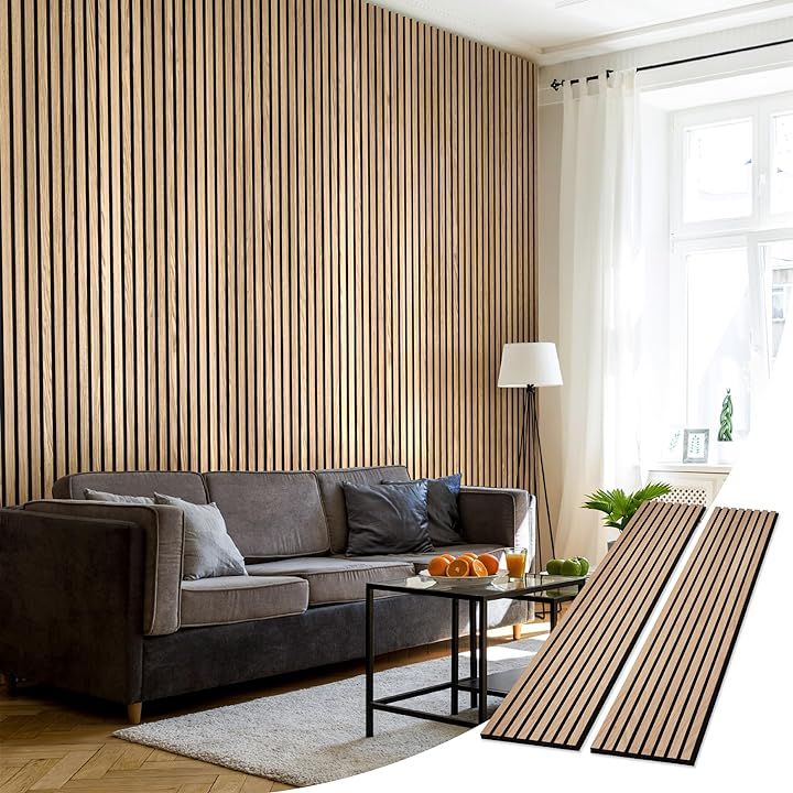 SLATPANEL Two Acoustic Wood Wall Veneer Slat Panels - Natural Oak | 94.49” x 12.6” Each | Soundproof Paneling | Wall... | Amazon (US)