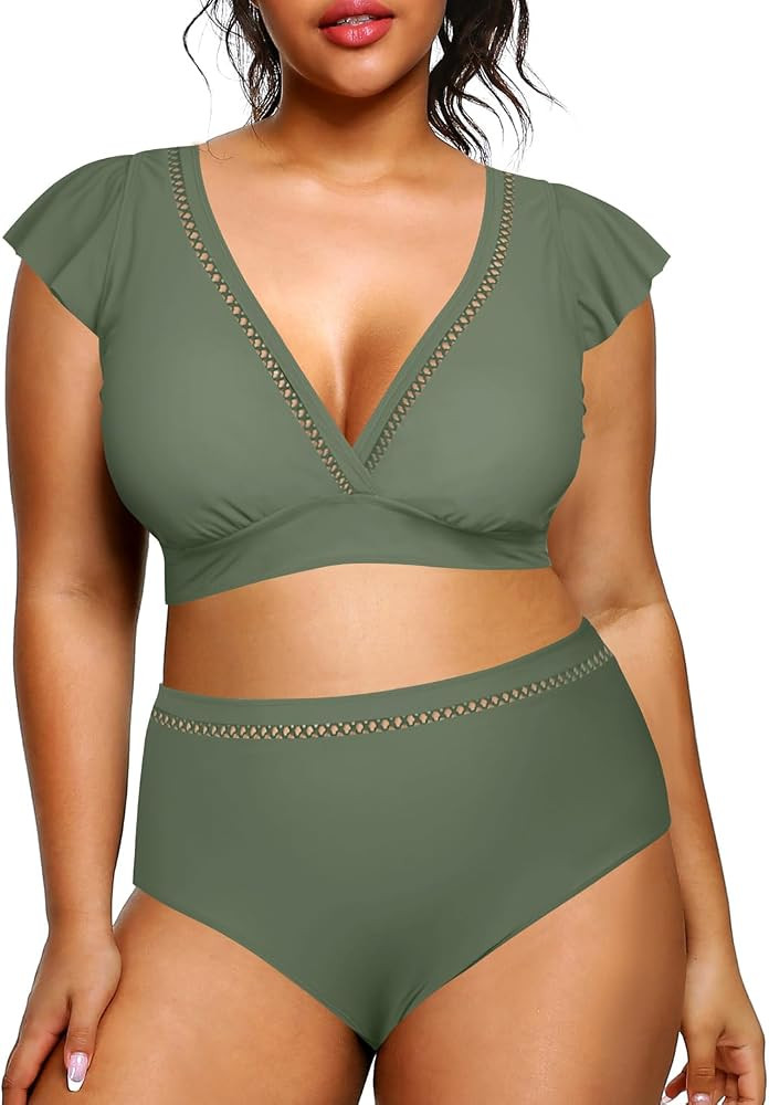 Daci Women Plus Size High Waisted Bikini Sets Two Piece Swimsuits Cap Sleeve Bathing Suits Ruffle... | Amazon (US)