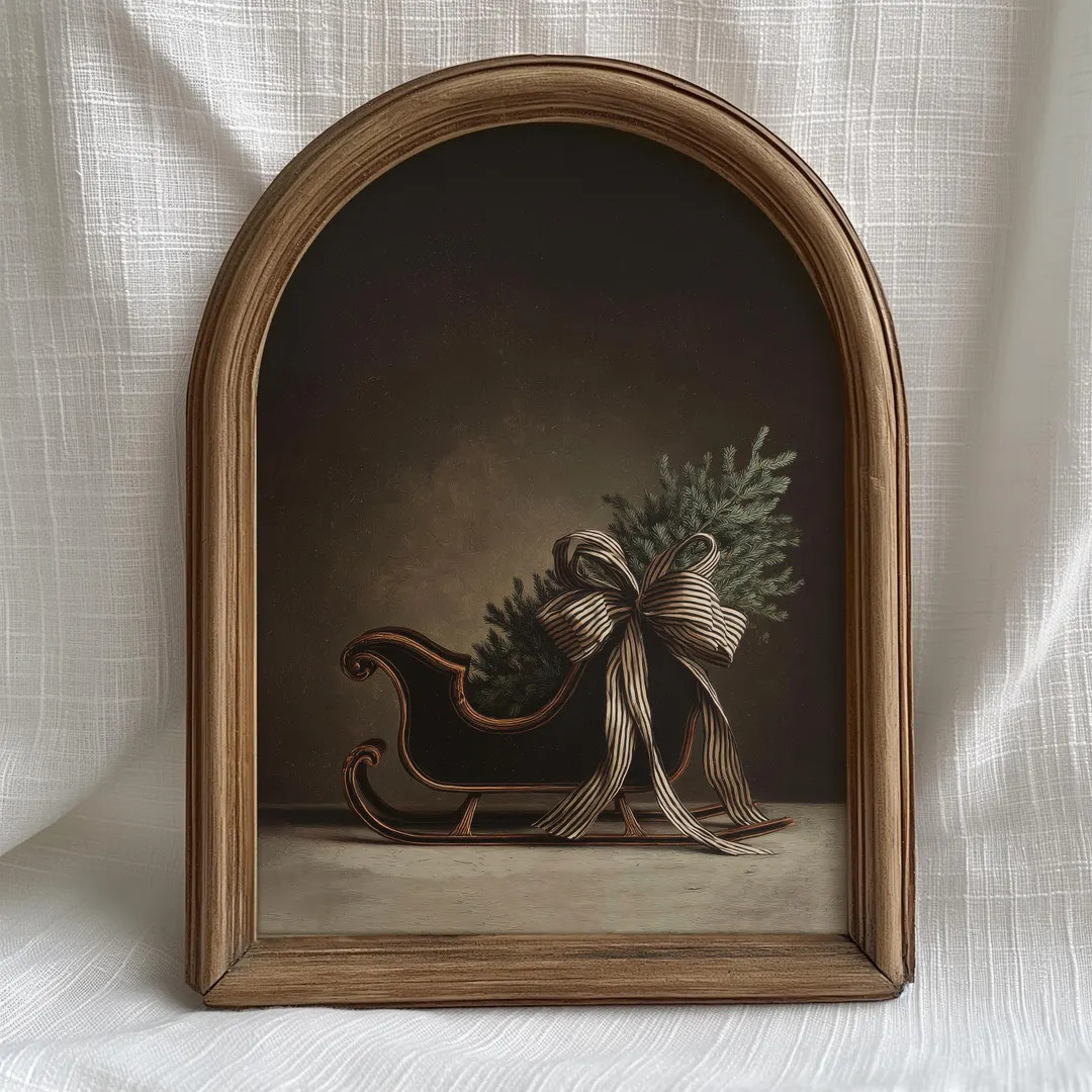 Moody Sleigh With Christmas Tree Print: Neutral Vintage Style Holiday Decor With Striped Bow, Pri... | Etsy (US)
