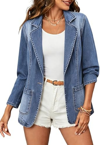 Women's Classic Notch Lapel Denim Blazer One Button Long Sleeve Slim Office Jean Jacket | Amazon (US)