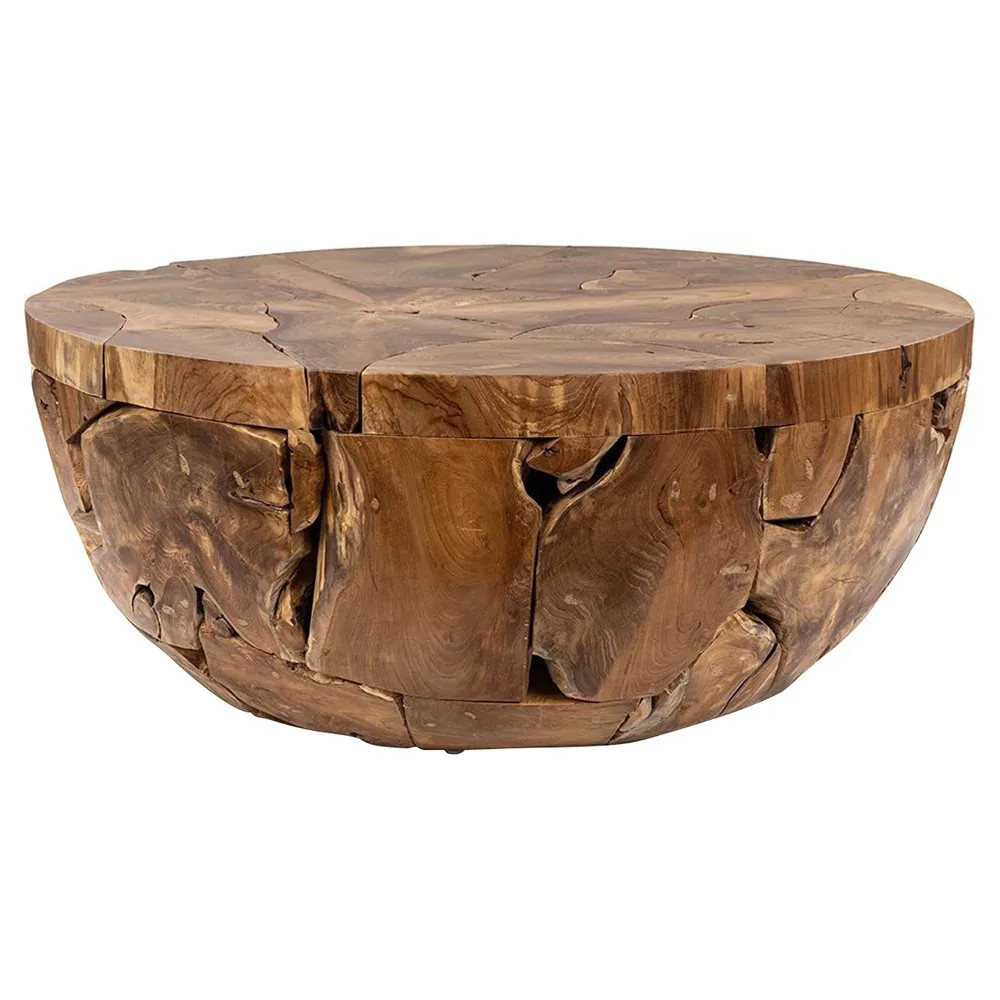 Gemma Coastal Beach Natural Teak Wood Round Drum Coffee Table | Kathy Kuo Home