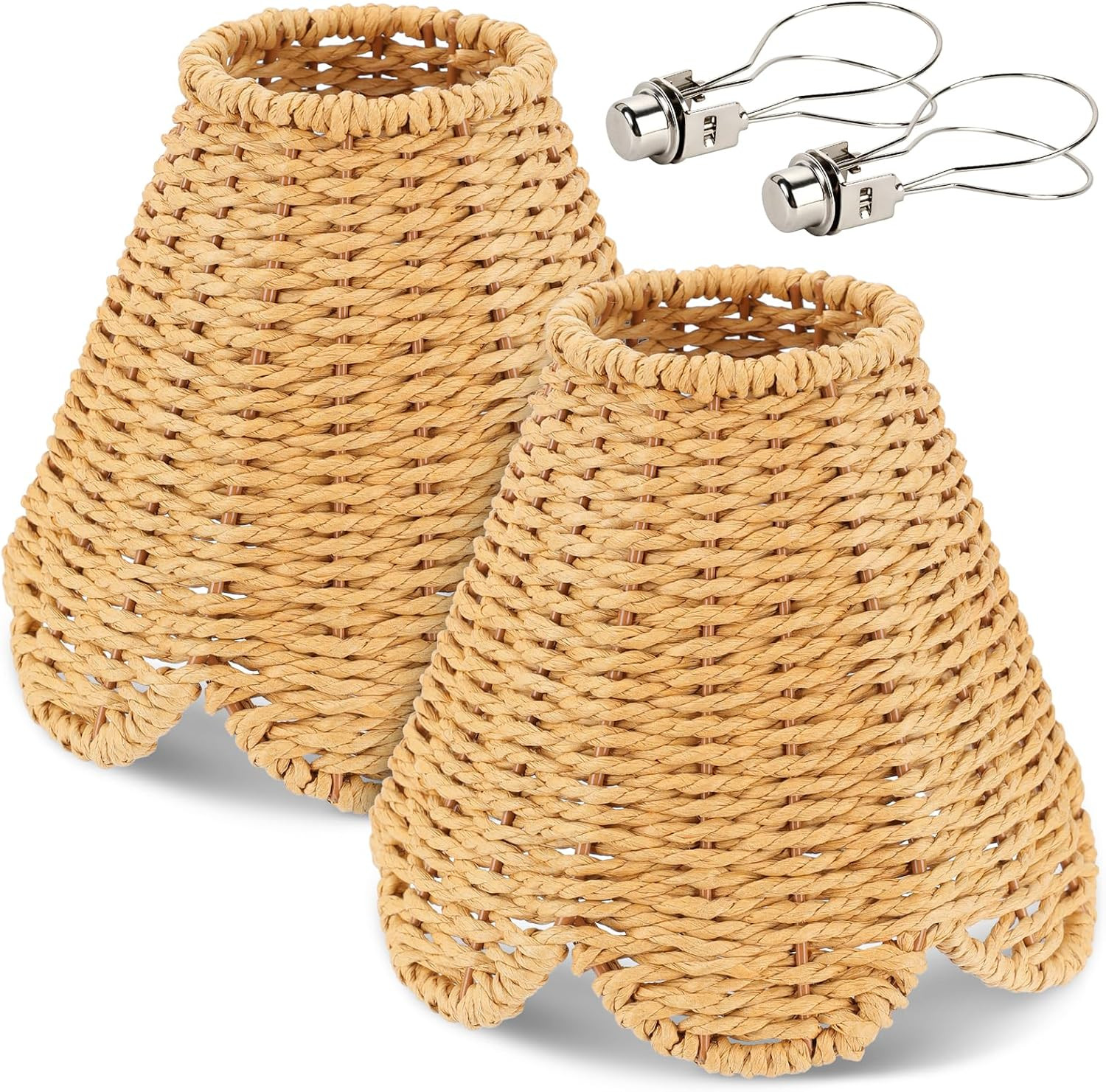 Small Rattan Lamp Shades with Clip - Clip-On Boho Scalloped Woven Lampshades,2.95" Top X 5.9" Bottom,Natural Wicker Rope Replacement Shade for Table Bedroom Lamps Chandelier Accent Lamps (2) | Amazon (US)