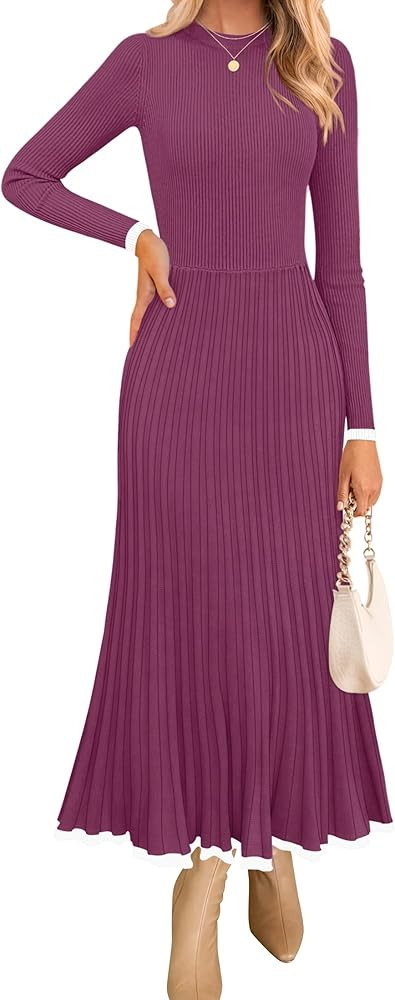 ZESICA Women's Long Sleeve Sweater Dress Fall 2026 Crewneck Ribbed Knit Pleated A-Line Maxi Weddi... | Amazon (US)