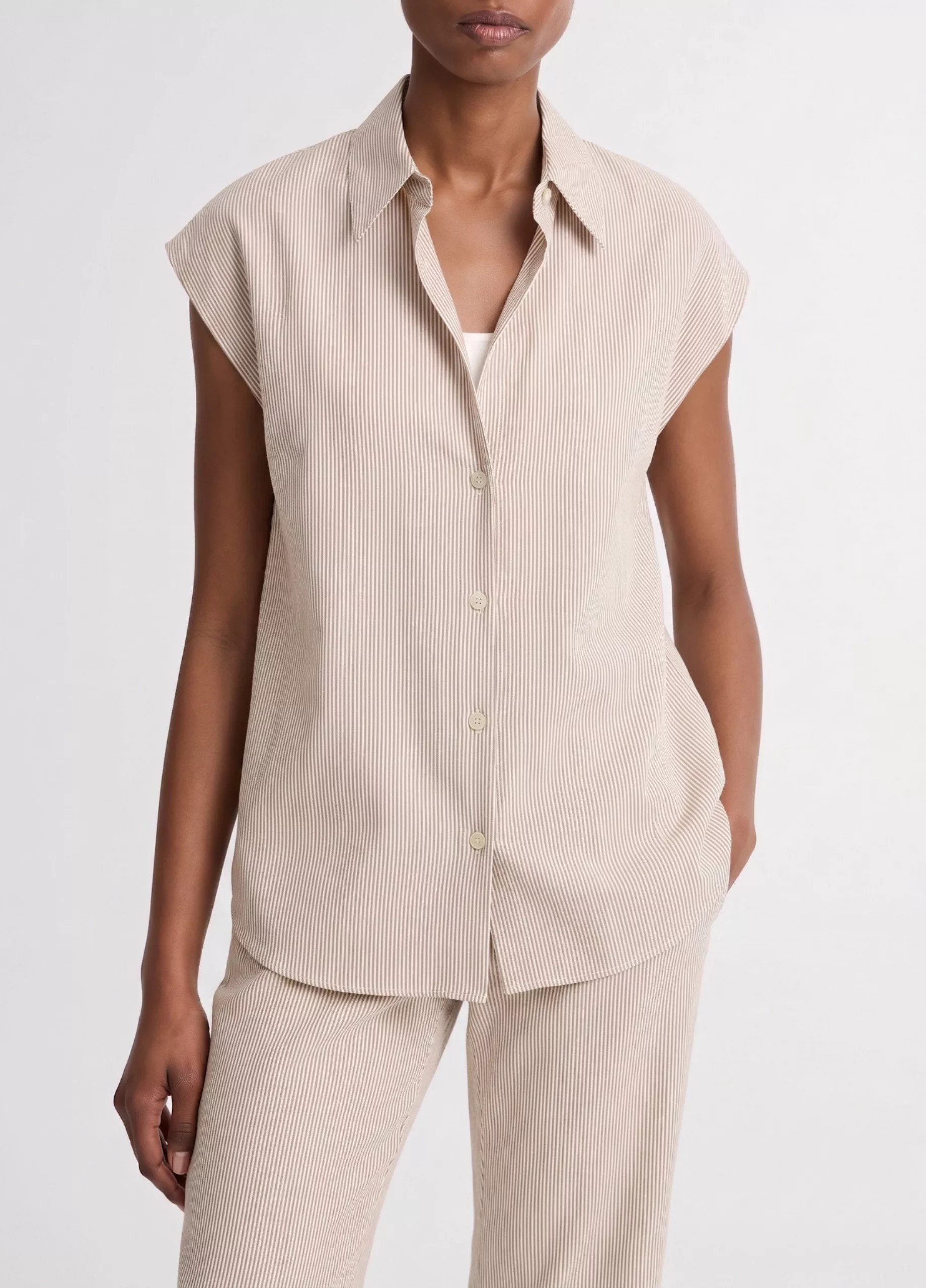 Ticking Stripe Linen-Cotton Cap-Sleeve Blouse | Vince LLC