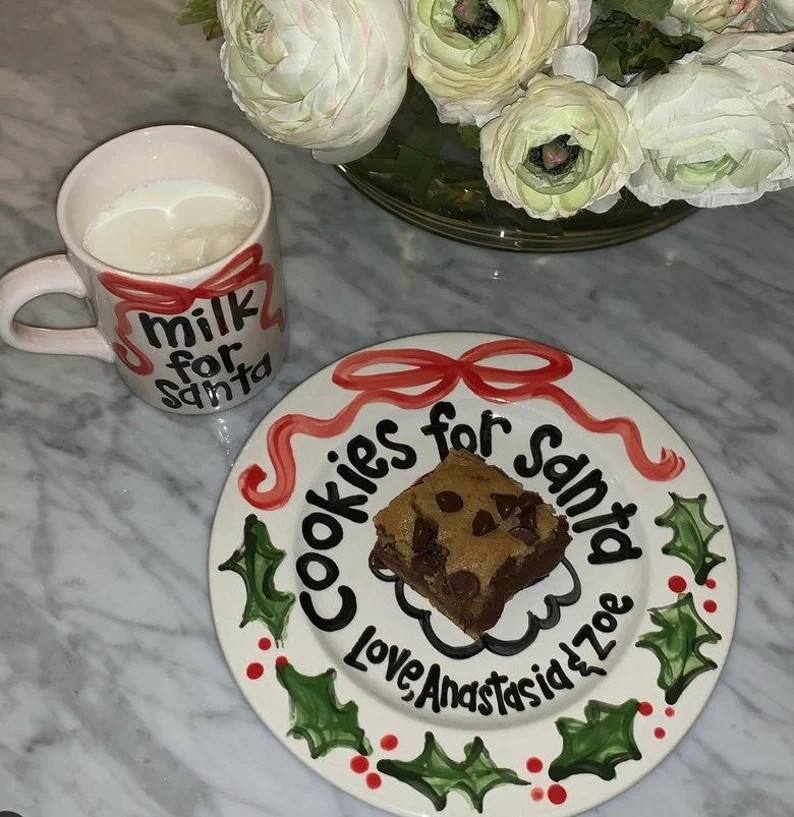 Personalized Santa Plate and Mug Set: Hand-Painted Holly and Ribbon Christmas Cookies | Etsy (US)