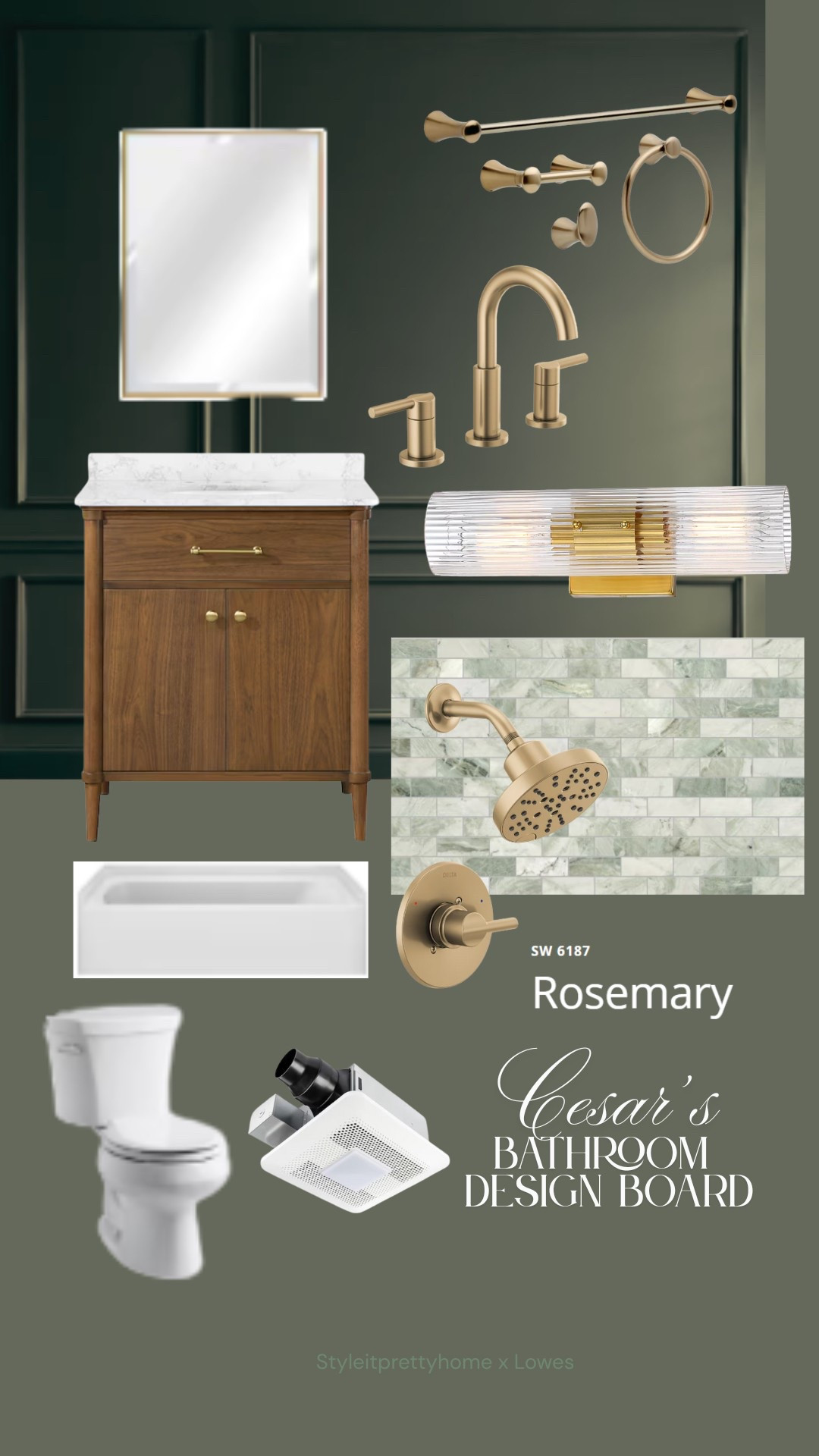 Brass, green, and a whole lotta heart.
Cesar’s bathroom is getting the glow-up he didn’t know he needed—with a little help from yours truly and a whole lot of Lowes runs. We leaned into dark academia vibes with SW Rosemary on the walls, warm brass finishes, and a mix of classic textures that feel both masculine and timeless.
It’s a little vintage, a little moody, and very much him.

Let’s just say…this is not your ‘80s builder-grade bathroom anymore.
@loweshomeimprovement 

#styleitprettyhome #bathroomdesign #lowespartner #bathroominspo #moodboardmagic #bathroommakeover #modernvintage #masculinebathroom #darkacademiaaesthetic #greenandbrass #bathroommoodboard #designboard #vintagebathroom #brassfixtures #lowesstyle #bathroomreno #bathroomstyle #showerdesign #vanitygoals #moodyinteriors #oldhousecharm #1930shome #modernmeetsclassic #tiledesign #bathroomtransformation #timelessstyle #interiordesigninspo #diybathroom #bathroomrevealcomingsoon #bathroomrenovation #rosemarypaintcolor

#LTKSeasonal #LTKHome