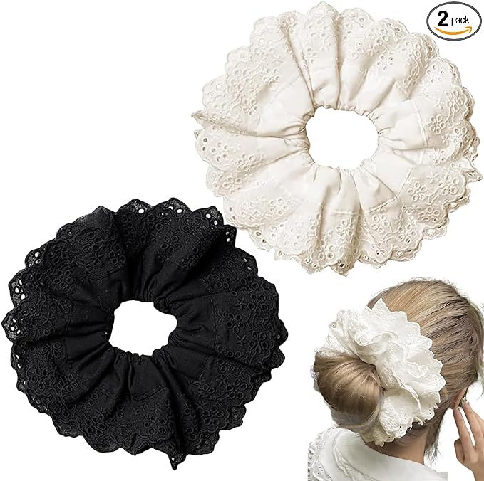 LuxeGlee Lace Scrunchies for Women, 2 pcs Lace Hair Tie Black White Lace Hair Scrunchie Elegant D... | Amazon (UK)