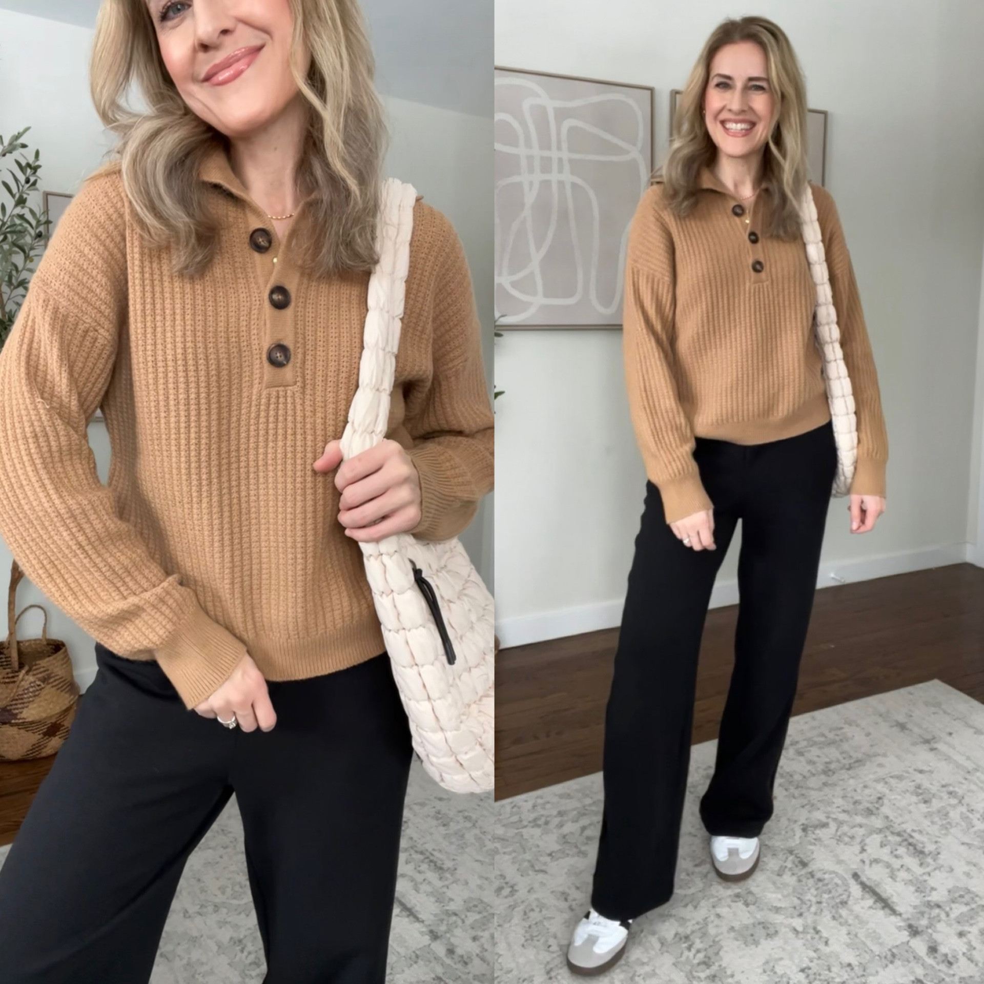 Grabbed this henley sweater in two colors it’s that good. I have the ivory in small and this camel color in medium; both fit great. Pants are sold out Walmart; I’ll link similar. #walmartfashion 

#LTKOver40
