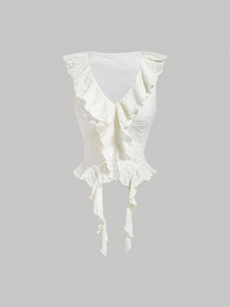 SHEIN MOD Weißes Ärmelfreies Crop Top Mit Breiter Volantborte Und Asymmetrischem Saum, Luftig Bequemes Damen Tank Top, Bridgerton, Sommer | SHEIN