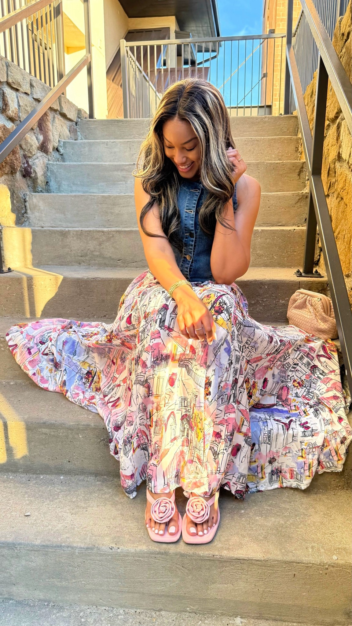 Graphic maxi skirt and denim vest outfit for spring from Cato Fashions - the skirt has pockets 😩 wearing XS in vest (on sale right now) and skirt, size 10 shoes 🌸

Spring outfit 2026 maxi skirt artsy embroidered lightweight flowy summer sleeveless vest business casual city unique colorful

#LTKSaleAlert
