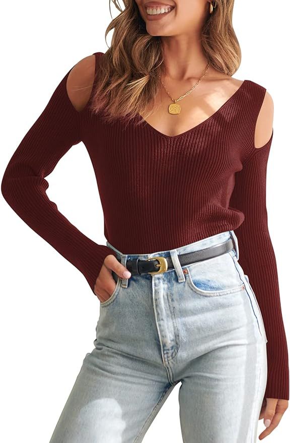 Caracilia Women's Cold Shoulder V Neck Sweater Slim Cutout Long Sleeve Pullover Ribbed Knit Tops | Amazon (US)
