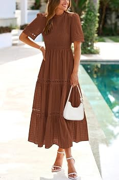 dowerme Summer Dresses for Women 2025 Casual Boho Hollow Out Short Sleeve Ruffle Mock Neck Smocke... | Amazon (US)