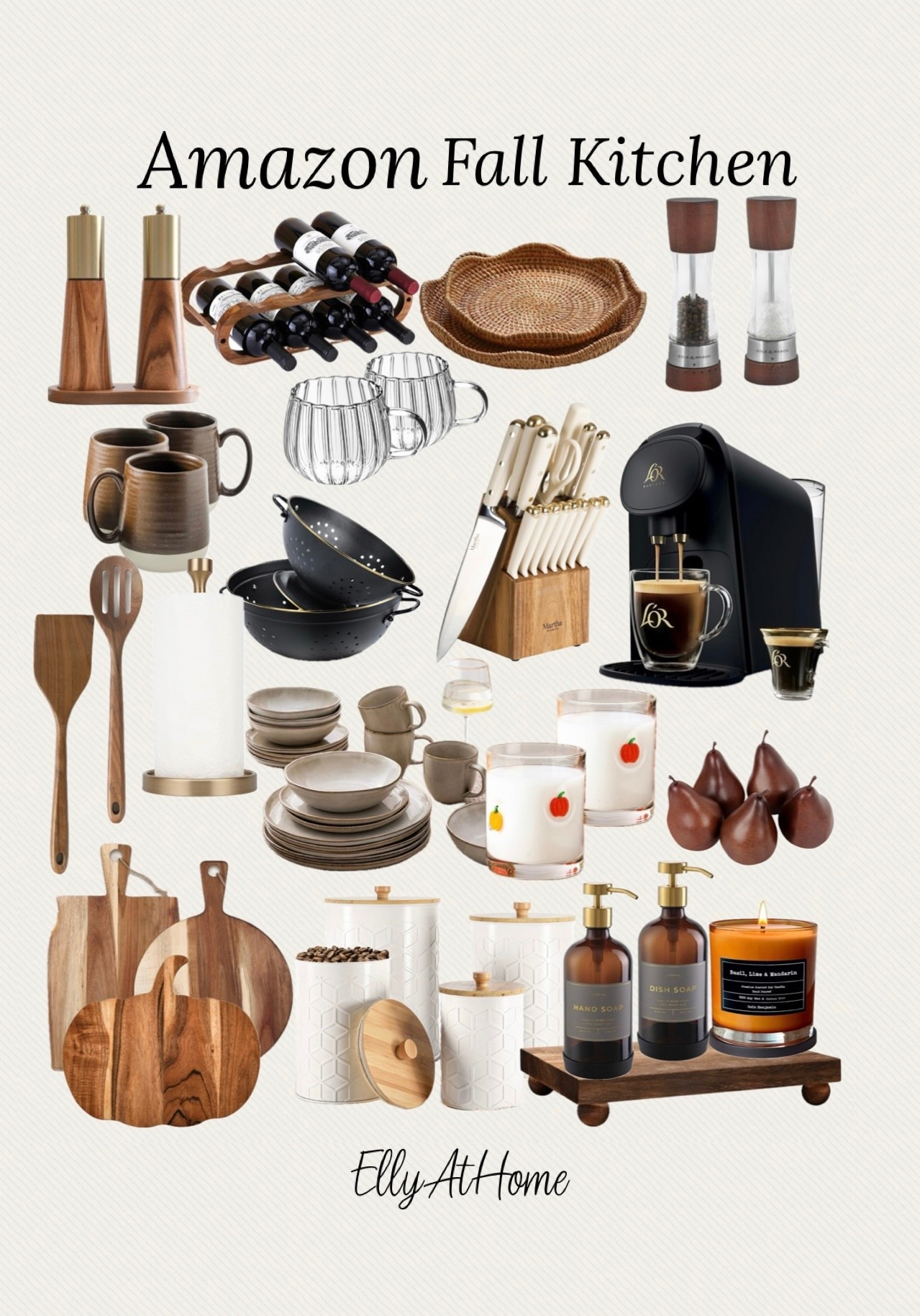Amazon home fall kitchen accessories. Shop wood boards, coffeemakers, mugs, salt and pepper shakers, bowls, trays, utensils, soap dispensers, candle, strainers, knives set and more kitchen supplies. Free shipping. 