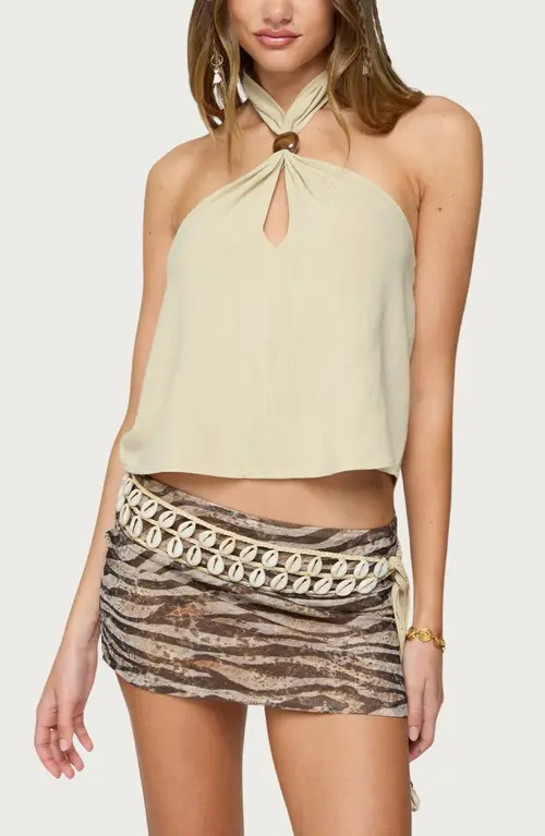 EDIKTED Ariya Keyhole Halter Cotton & Linen Top in Cream at Nordstrom, Size X-Small | Nordstrom