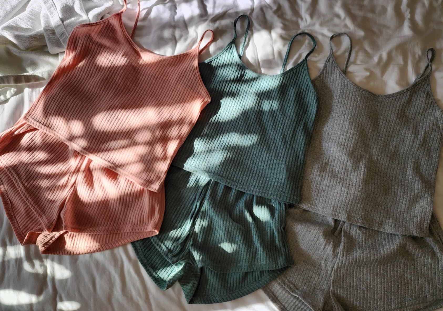 Women's 3 Sets Rib Knit Lounge Set Crop Cami Top and Tie Front Shorts Sleepwear Pajama Set | Amazon (US)
