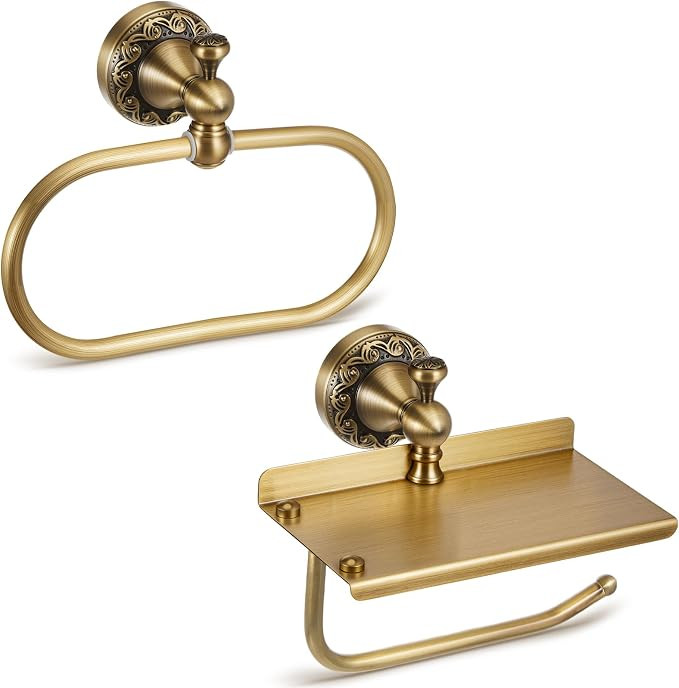2 Pieces Set Antique Brass Toilet Paper Holder with Retro Brass Hand Towel Ring Tissue Roll Paper... | Amazon (US)
