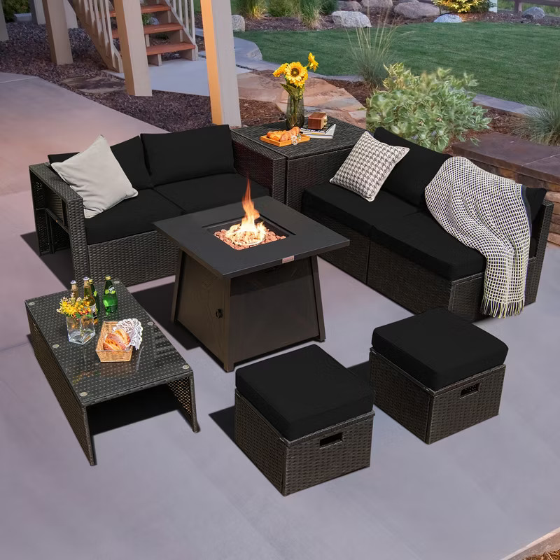 Costway 9PCS Patio Rattan Furniture Set Fire Pit Space-saving W/Cover Off White Cushion cover | Target