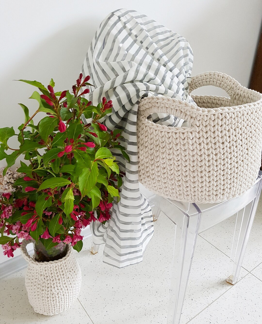 Handmade Cream Beige Cotton Standing Basket With Handles/ Nursery Organizer/ Crochet Organizer/ S... | Etsy (US)