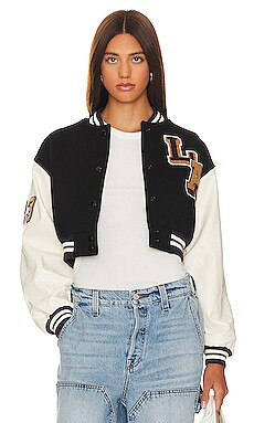 L'Academie x Marianna Stevie Varsity Bomber in Black & White from Revolve.com | Revolve Clothing (Global)