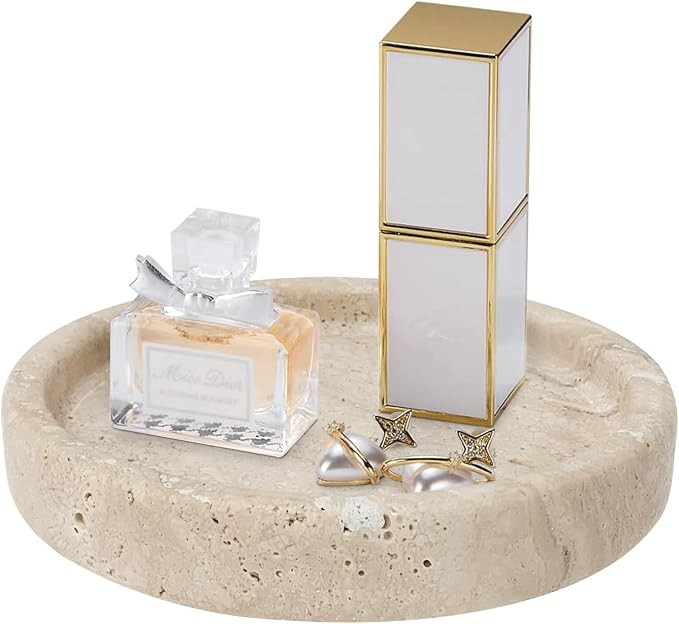Travertine Tray, Small Ceramic Vanity Tray for Bathroom Counter Decor, Round Marble Decorative Tr... | Amazon (US)