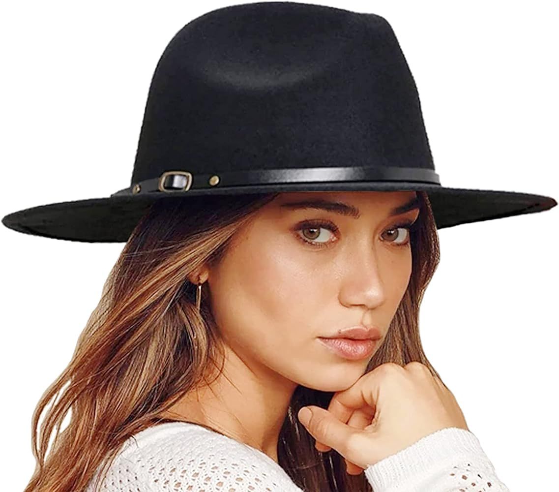 Eohak Womens Belt-Buckle-Panama-Hat Wool Womens Wide Brim Fedora Hat (Hat Clrcumference 22.8"-23.6") | Amazon (US)