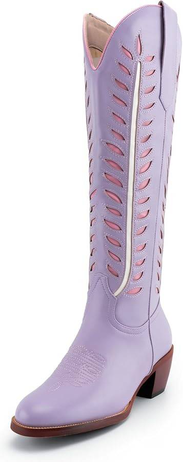 SIFINELAR Cowboy Boots for Women Retro Leaf Embroidered Wide Calf Cowgirl Boots Knee High Chunky ... | Amazon (US)