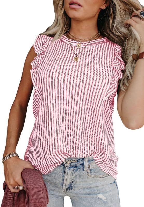 SHEWIN Womens Summer Crewneck Tank Tops Casual Ruffle Sleeveless Tops Shirts Spring Fashion 2024 | Amazon (US)