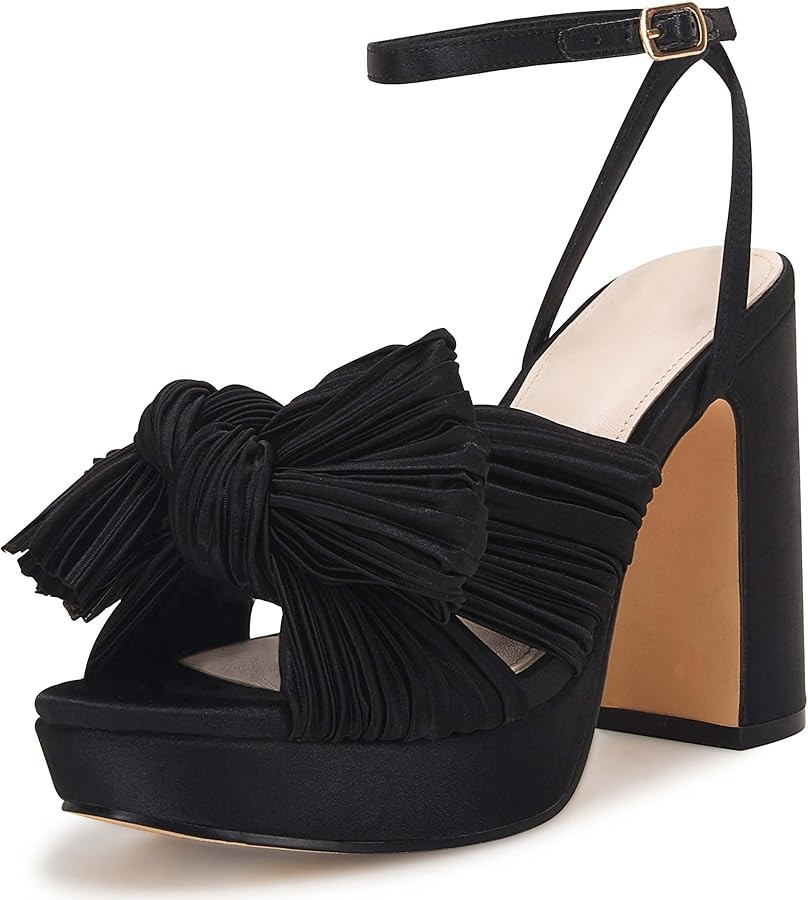 VETASTE Women's Pleated Bow Knot Platform Heeled Sandals Open Toe Chunky Block Heel Ankle Buckle ... | Amazon (US)