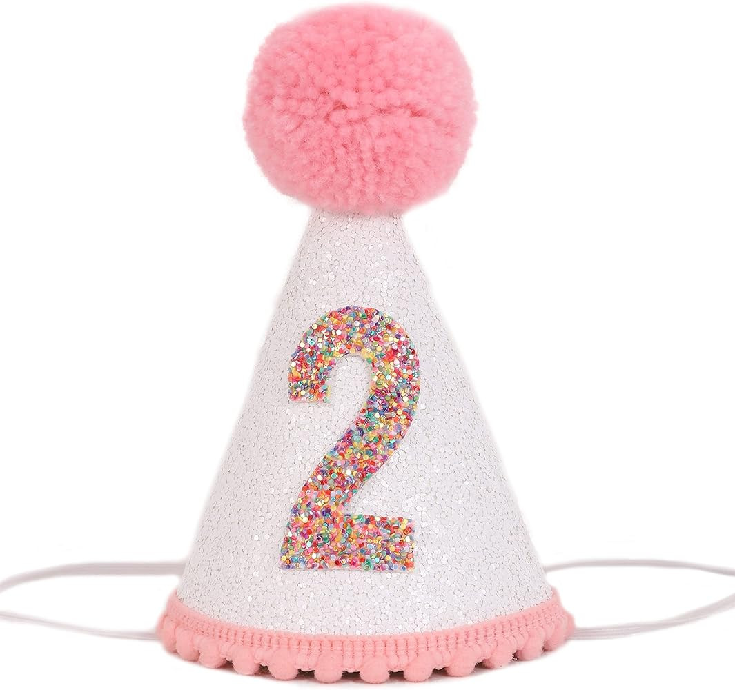 Birthday Hat for Girls - Glitter Birthday Hat with Pink Pom Topper, Birthday Decoration for Girls | Amazon (US)